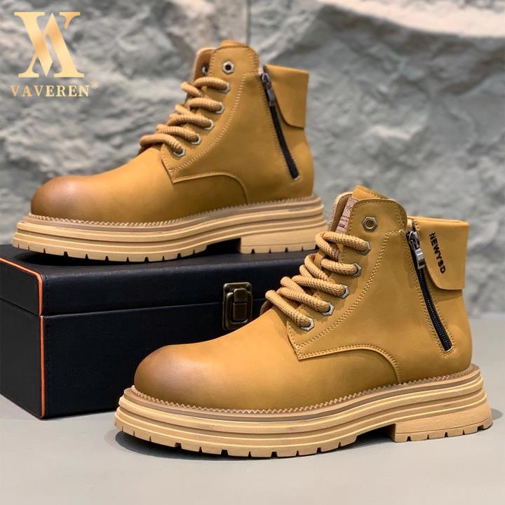 马丁靴男款2025新款真皮大黄靴厚底增高工装靴百搭男士中筒马丁靴