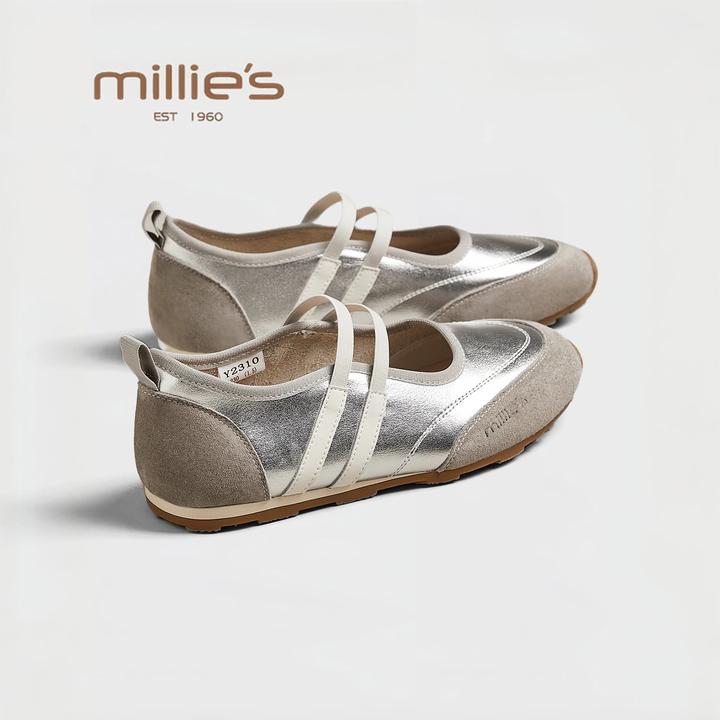MILLIE'S/妙丽2025夏季新款复古软皮玛丽珍单鞋平底银色单鞋女款