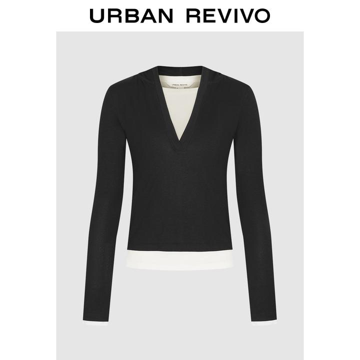 UR2025冬季新款女装休闲撞色假两件连帽修身T恤UYY450298