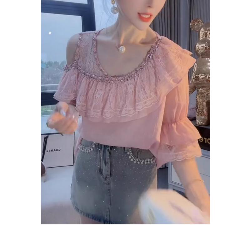 蕾丝荷叶边短袖T恤女夏季新款时尚绝美露肩宽松显瘦气质上衣套装