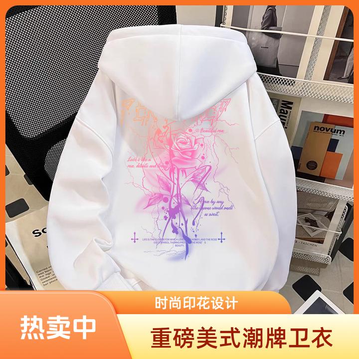 重磅加绒加厚美式高街国潮渐变玫瑰潮牌新款秋冬连帽卫衣宽松外套