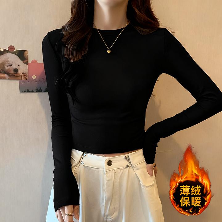 黑色长袖t恤女短款保暖新款修身感小众秋冬打底衫上衣服可外穿