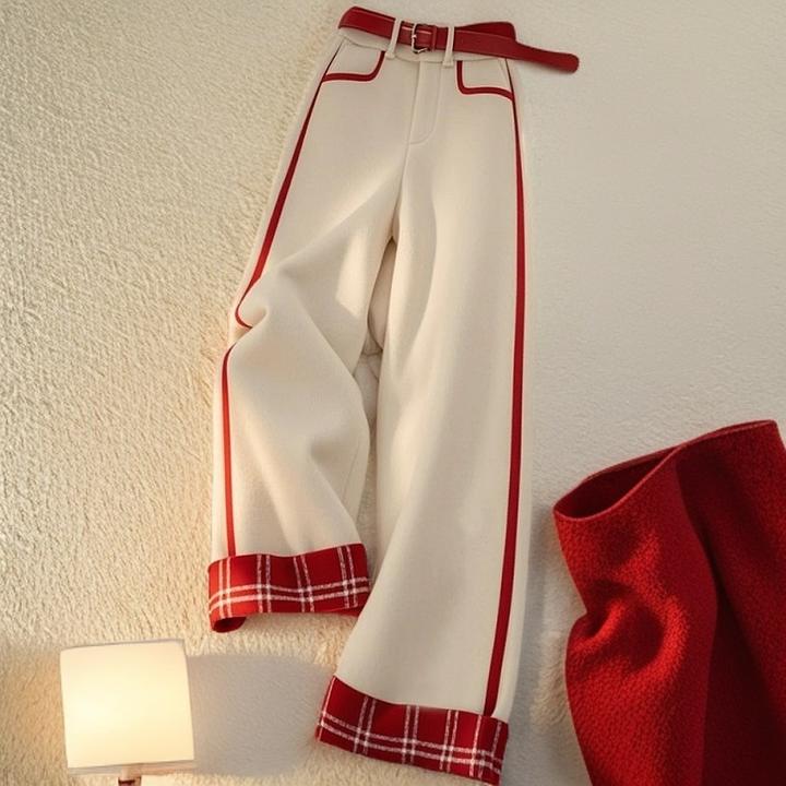 秋冬新款小个子高级感独特别致高腰白色格纹拼接直筒阔腿休闲裤女