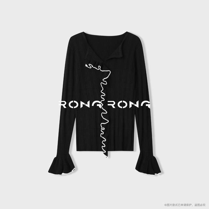 溶溶【柔美浪漫】RONGRONG 羊毛混纺撞色荷叶边针织衫2505H800