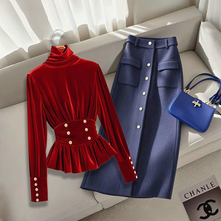 秋冬季轻奢高端洋气漂亮女装红色显瘦上衣高级感气质时尚半身裙子