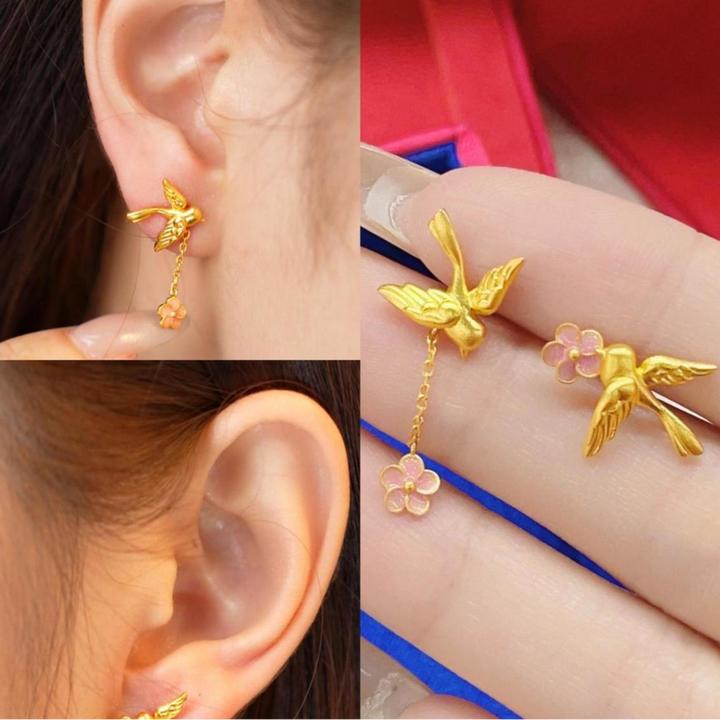 铜合金耳饰 黄金色飞鸟耳钉精致耳饰新中式国风时尚百搭耳环气质