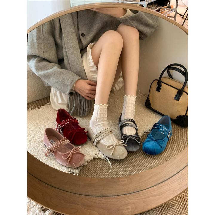 芭蕾芭蕾仙女春珍一字温柔奶奶单鞋带~瓢鞋孤单玛丽平底灰色女鞋