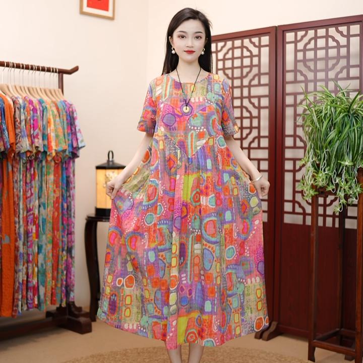 [彩虹]夏季新款高级气质棉麻柔软遮肚宽松显瘦连衣裙子妈妈装