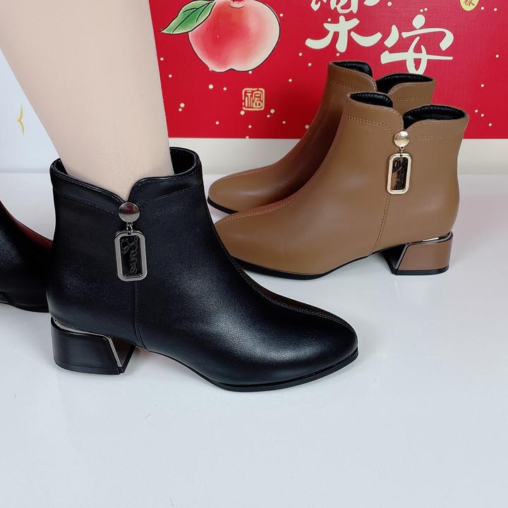 2025秋冬季2公分高跟韩版冬季方跟保暖中跟短靴粗跟休闲低跟百搭