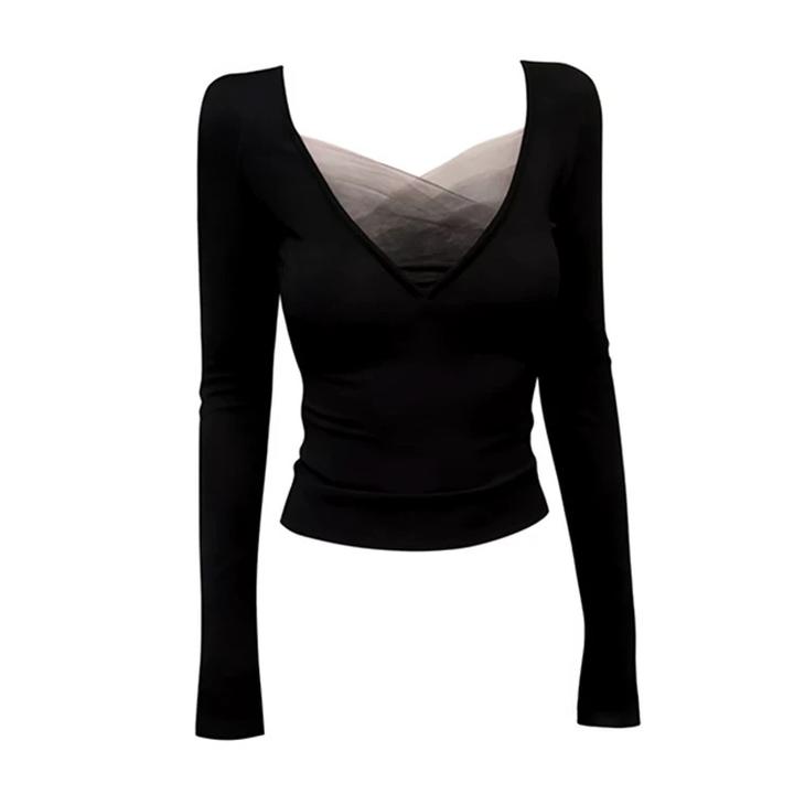 2025年冬季新款美式辣妹网纱拼接高级设计感V领长袖别致T恤女上衣