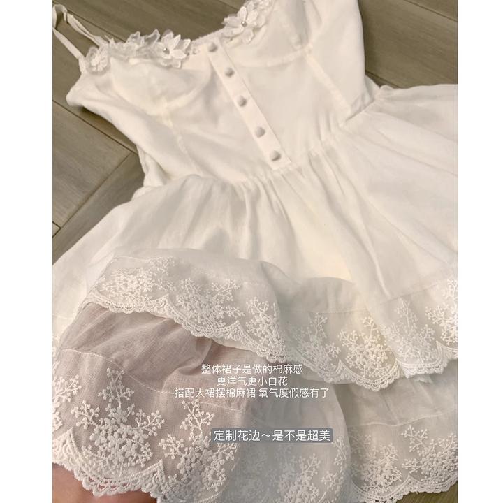 2025夏季新款气质法式套装漫花设计感白色吊带连衣裙/半身裙显瘦