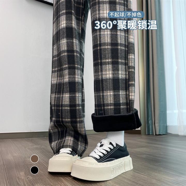 格子直筒裤女窄版垂感2025新款秋冬加绒加厚小个子高腰休闲阔腿裤