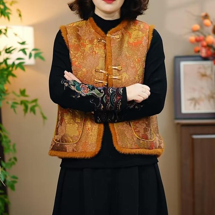 圆领复古修身型新中式口袋短款唐装厚款女马夹778