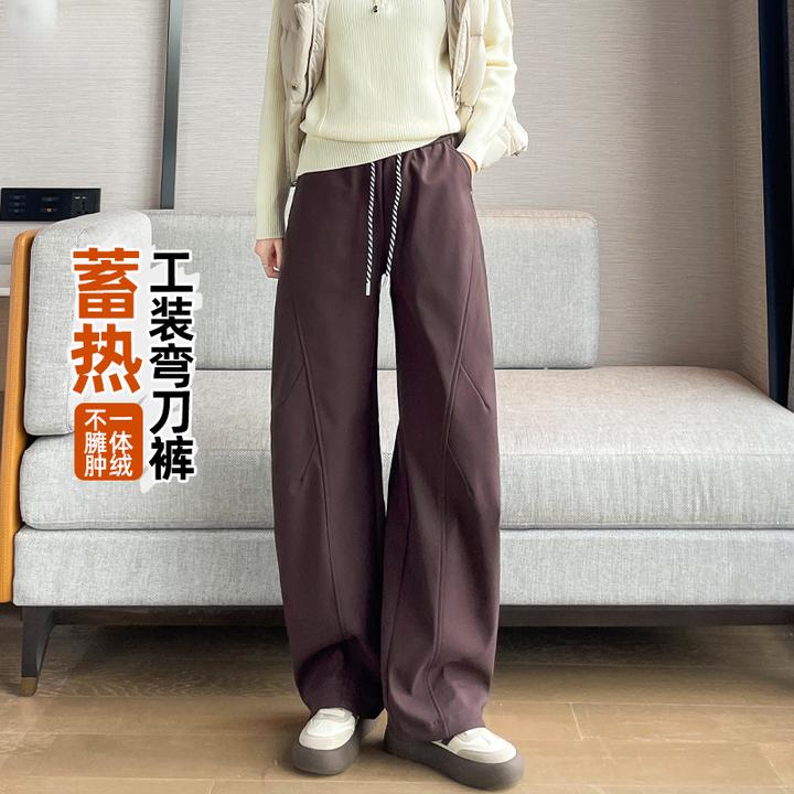 工装弯刀裤女秋冬新款加绒加厚镰刀高腰束脚两穿宽松阔腿香蕉裤子
