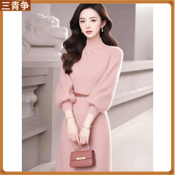 1冬季新款法式气质名媛女神范精致温柔风粉色高领连衣裙潮l