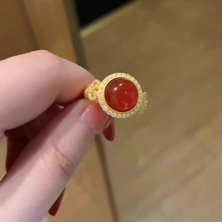 铜合金戒指 高贵车厘子红戒指黄金色简约女复古小众高级轻奢指环