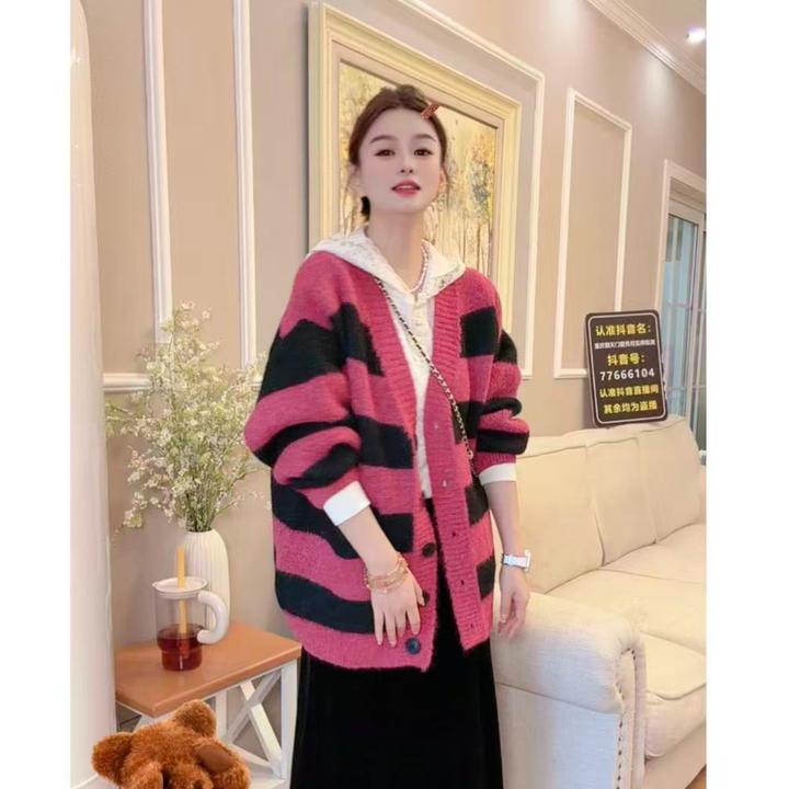 羊毛混纺加厚外套韩版V领撞色条纹毛衣开衫女中长款百搭慵懒风