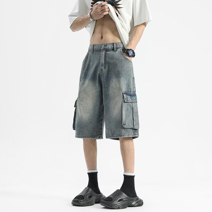 夏季青少年美式牛仔大口袋工装中裤男生直筒宽松潮流五分裤短裤子