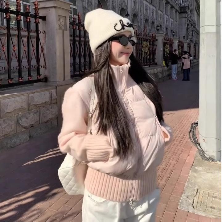 韩系甜美粉色针织拼接立领短款棉服冬季新款小个子设计感修身外套