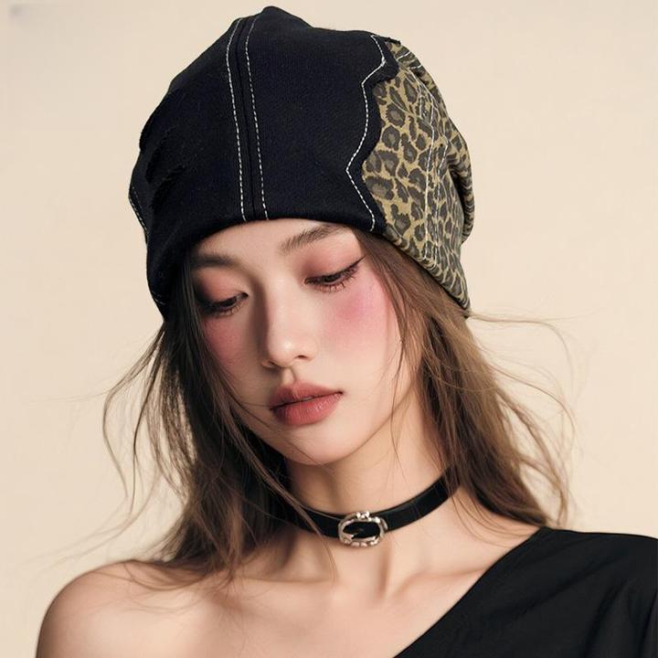 韩版复古拼色帽子美式辣妹破洞豹纹堆堆帽百搭显脸小时尚个性潮流