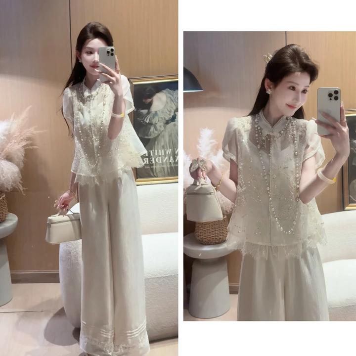 《小白鹭》巨仙美 高级新中式刺绣上衣设计师款光泽绣花阔腿裤子女