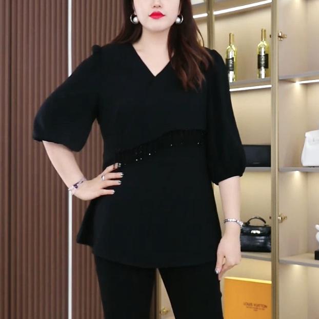 2025夏季新款气质流苏V衬衫领时尚气质显瘦休闲收腰上衣ZB6635