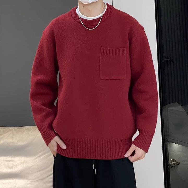 【秋冬新款】口袋男士圆领纯色长袖针织加厚款毛衣简约宽松港风情侣