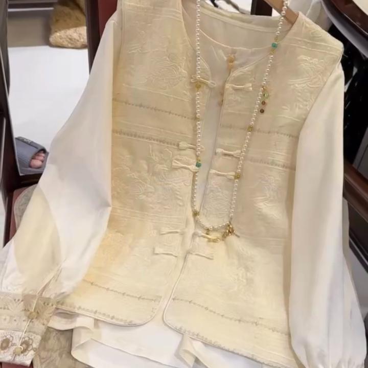 春新款大码女装宽松显瘦新中式刺绣马甲百搭休闲上衣打底衫两件套