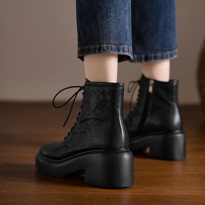 AACCK女鞋8cm小个子厚底增高短靴休闲系带马丁靴真皮短筒单靴粗跟