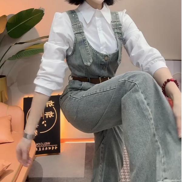 套装牛仔时尚连体背带裤减龄宽松裤子阔腿裤白色衬衫两件套网红春