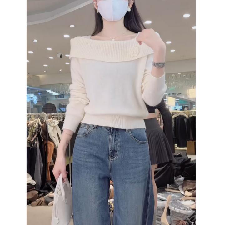 法式绝美气质一字肩针织衫女装2025秋冬新款慵懒百搭短款辣妹上衣