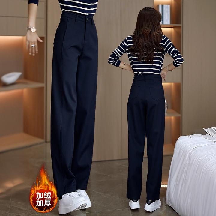 藏青色加绒裤子女秋冬2025新款大码西装裤休闲弯刀阔腿裤直筒长裤
