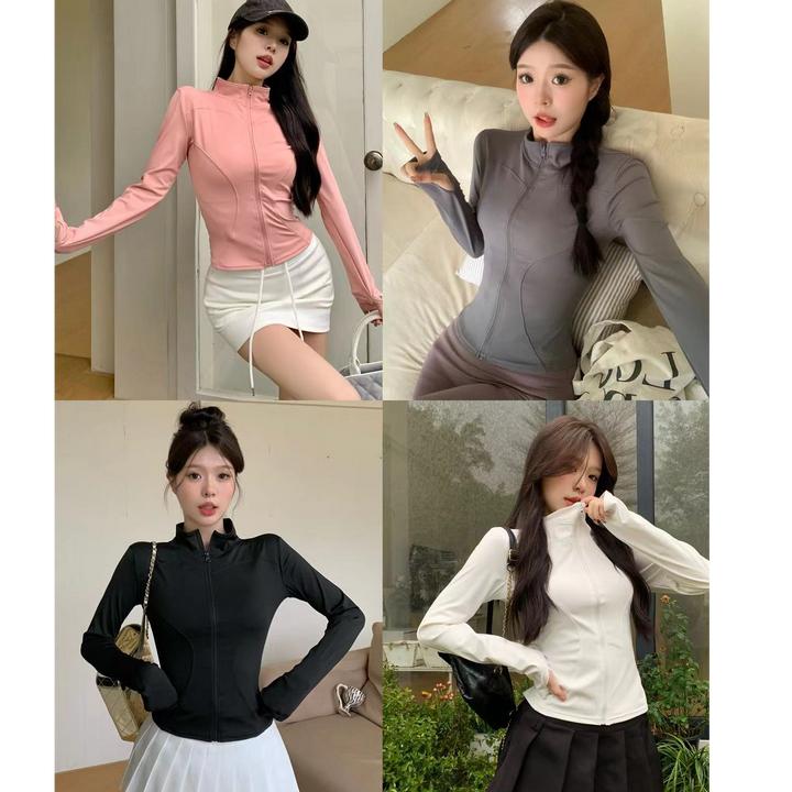 春夏新款！修身速干瑜伽服健身服半高领拉链套手指上衣