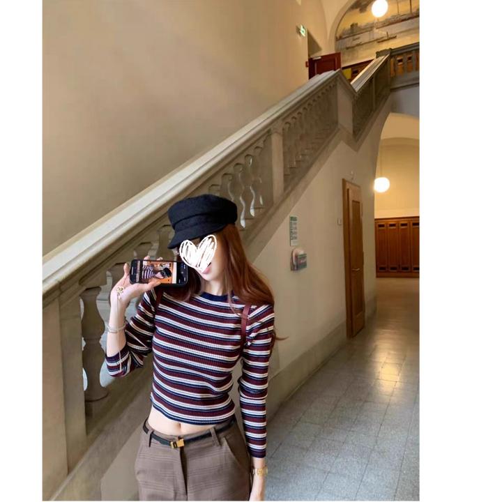 早秋款撞色圆领条纹长袖女日系复古设计感气质修身显瘦上衣#Y8554