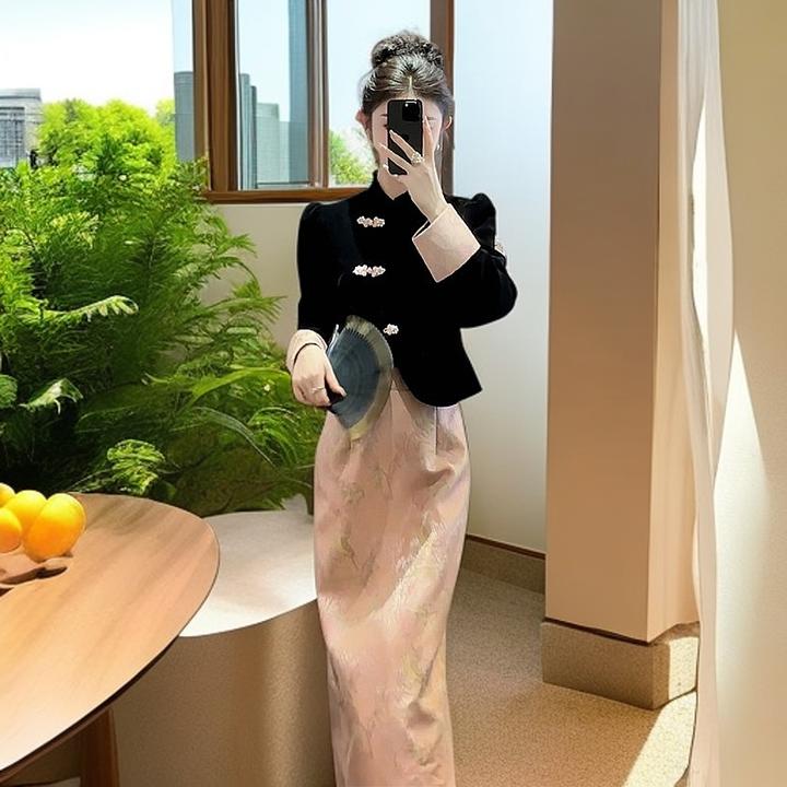 新中式国风禅意女装秋冬高级感气质丝绒盘扣上衣半身裙子两件套装