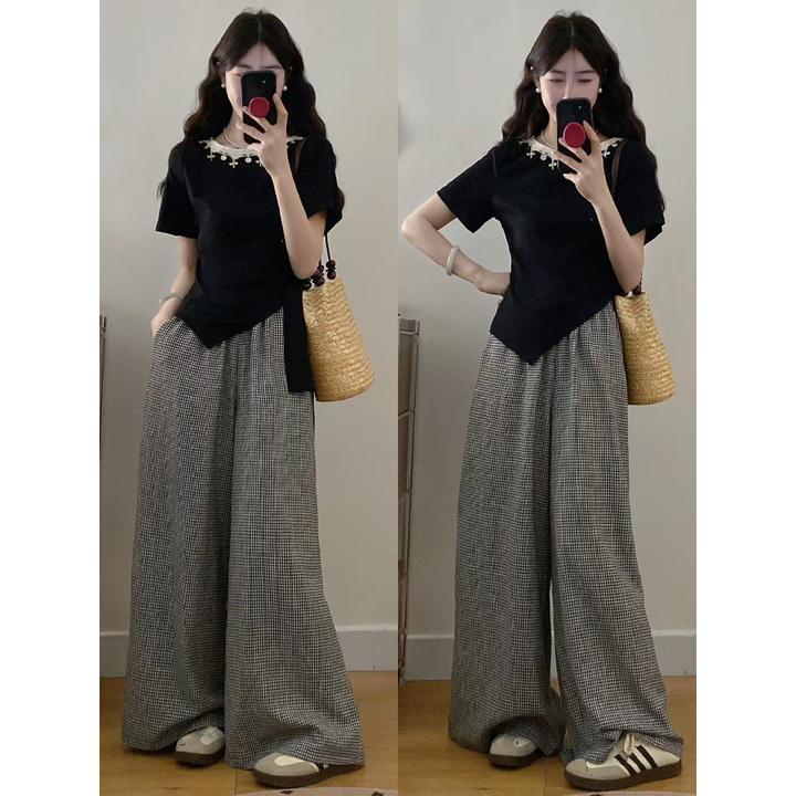1913# 大码胖mm夏季新款设计感显瘦+格子阔腿裤