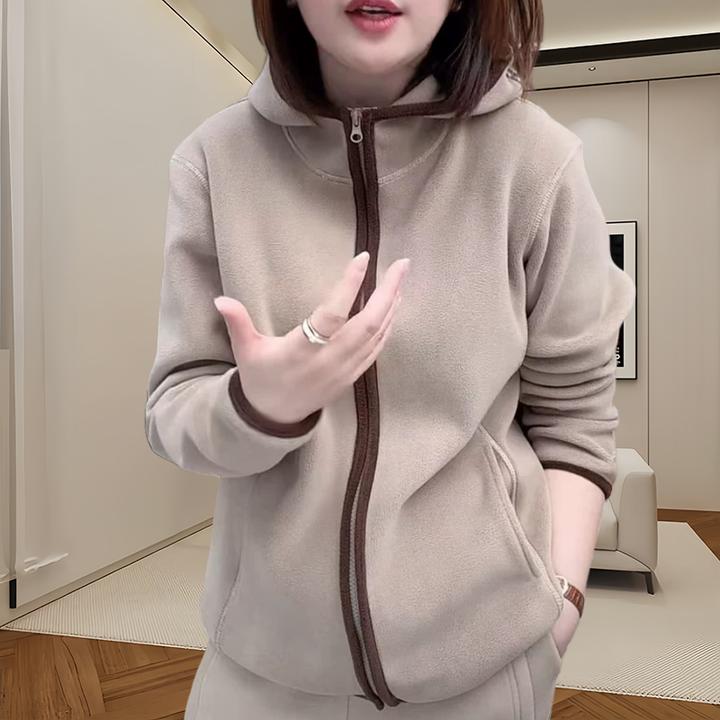 双面绒撞色慵懒风连帽开衫卫衣冬季新款大码女装显瘦减龄时尚上衣