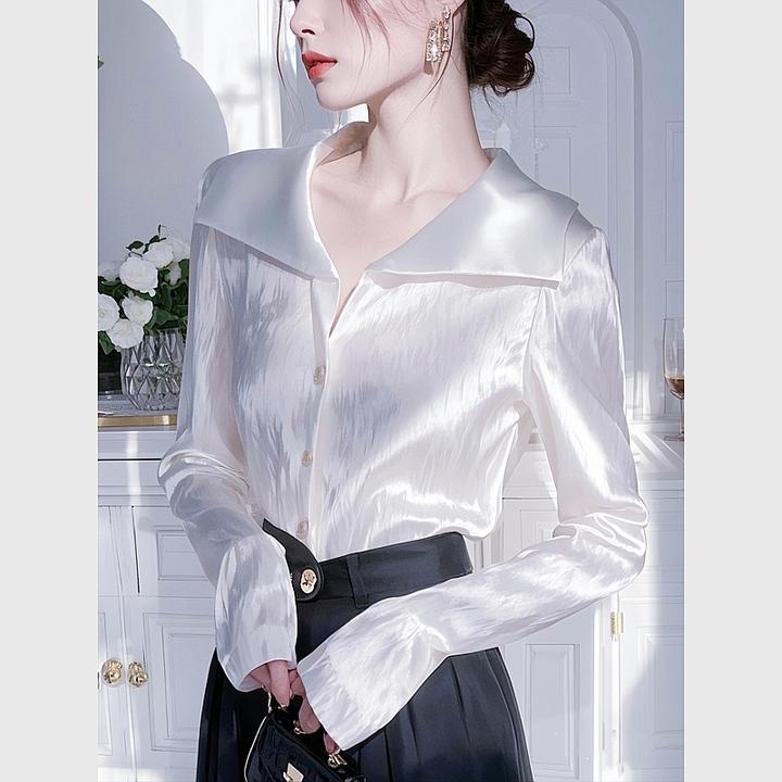 洋气高端白色长袖缎面衬衫女款2025早春新款独特别致法式职业衬衣