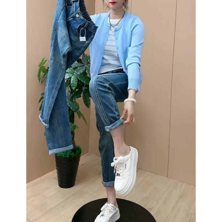 Aimeerosa/艾洛莎牛仔裤女高腰显瘦老爹裤春季新款百搭九分萝卜裤