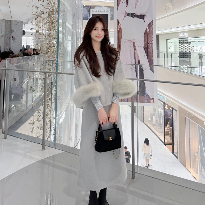 高级感名媛套装女冬季保暖宽松显高灰色长袖毛呢外套半身裙两件套