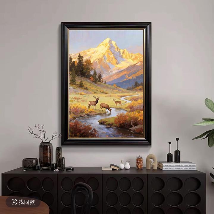 《日照金山》纯手绘油画美式欧式法式中古风入户玄关抖柜摆台挂画