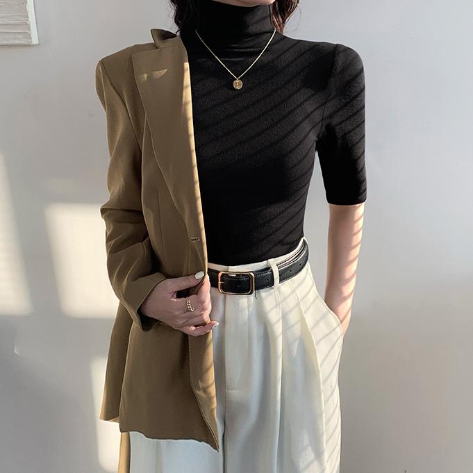 黑色高领中袖打底衫t恤女春秋季穿搭2025新款修身高级感内搭上衣