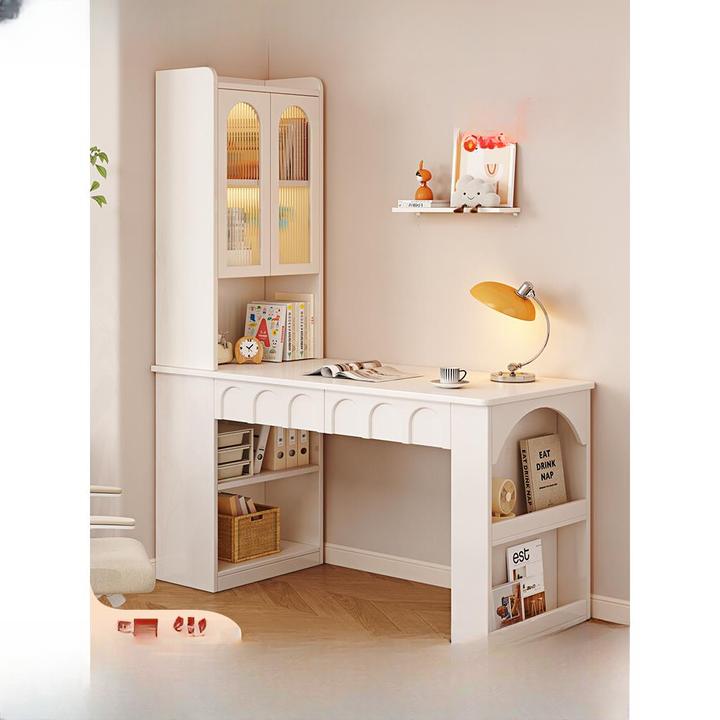 实木书桌书柜一体奶油风小户型卧室转角书桌电脑桌儿童书房学习桌