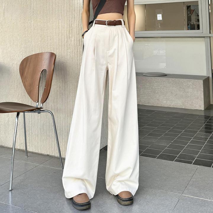 西装阔腿裤女春秋新款米白色天丝直筒通勤高腰宽松小高个子垂感裤