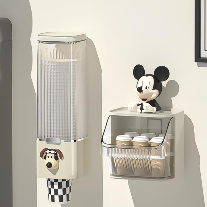 奶油风创意自动取杯器茶包收纳盒胶囊咖啡办公室桌面茶水间置物架