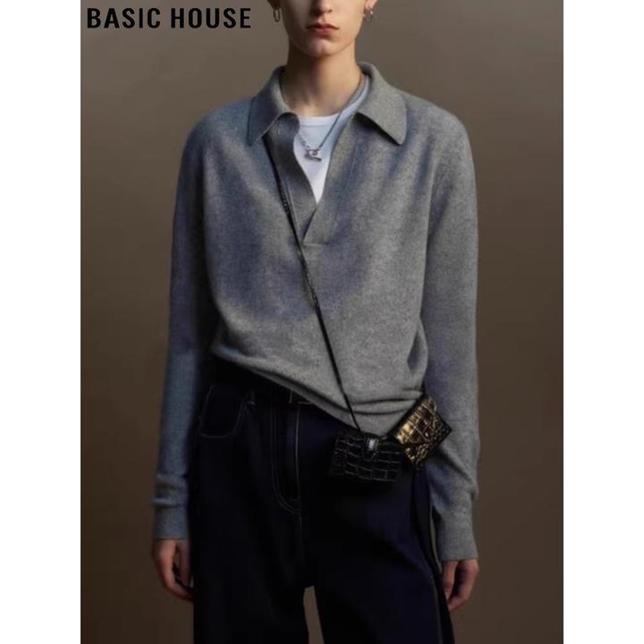 Basic House/百家好灰色V领长袖针织衫女2025秋冬polo领软糯毛衣