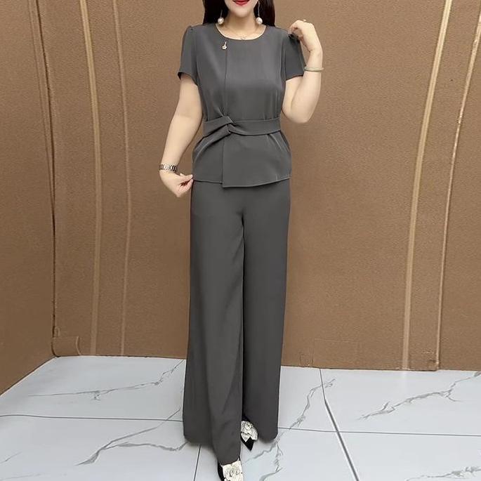 洋气潮流女士纯色套装气质百搭中年妈妈装减龄休闲收腰时尚两件套