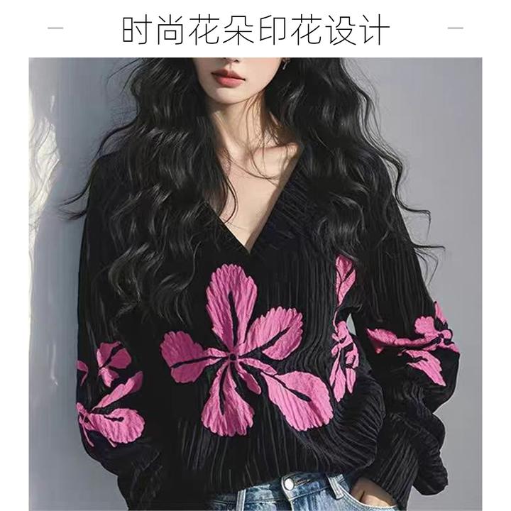 时尚秋季黑色直筒型宽松长袖衬衫百搭显瘦V领印花气质
