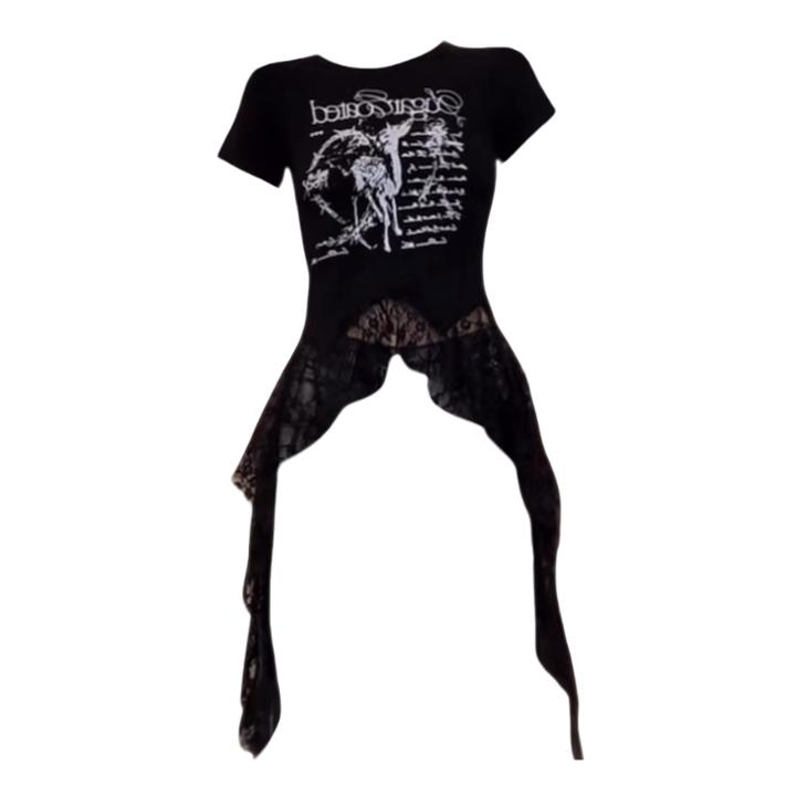 大码胖MM甜酷辣妹黑色字母印花短袖t恤女夏季不规则蕾丝拼接上衣