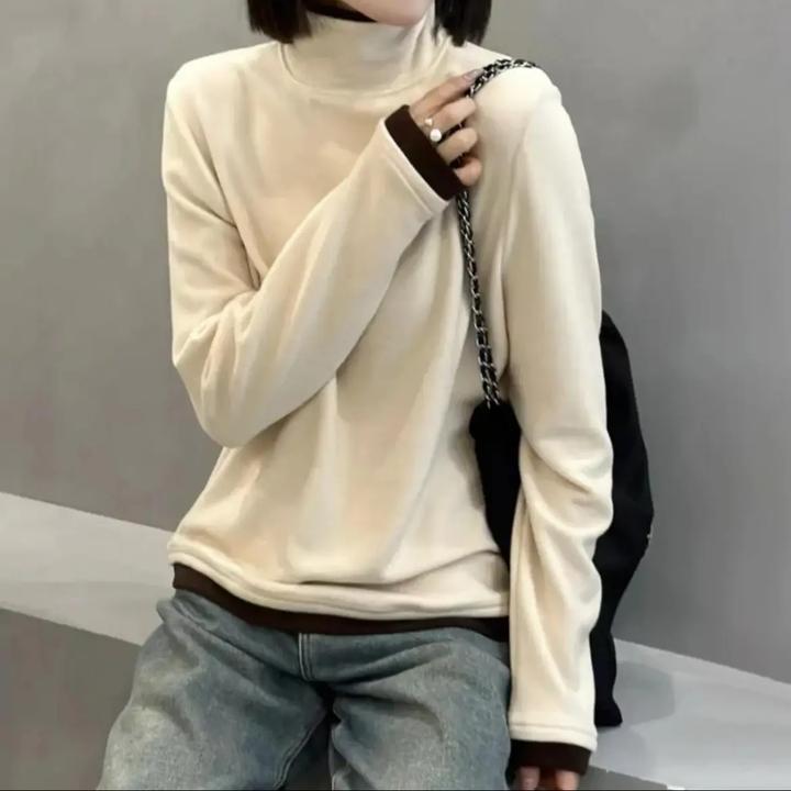 【高品质】显瘦减龄保暖打底衫上衣女士休闲百搭撞色高领内搭保暖